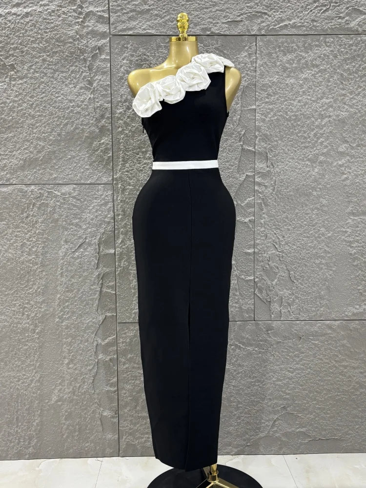 Women Sexy One Shoulder White Florals Bodycon Long Bandage Dress Celebrate Nightclub Party Fashion Outfit black