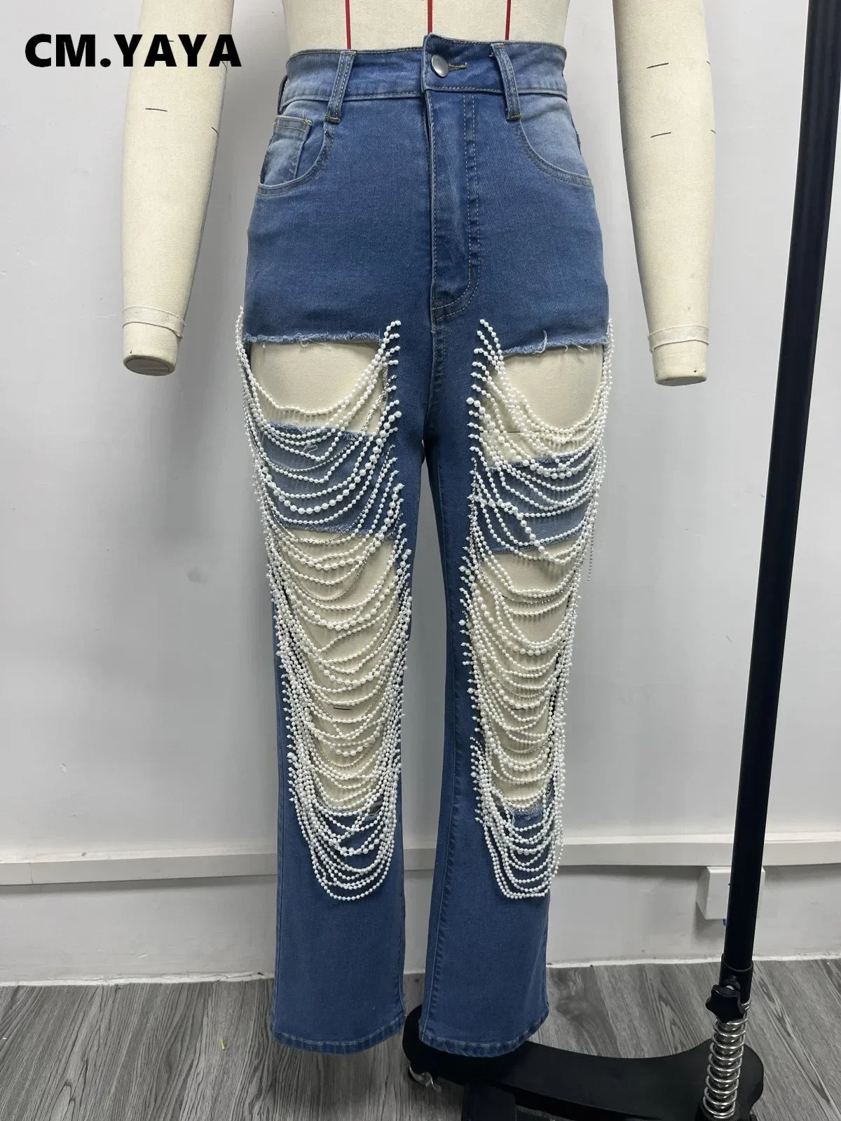 Women Fashion Pearl Beading Ripped Hollow Out Tassel Wide Leg Jeans 2024 New Summer INS Street Denim Pants Trousers