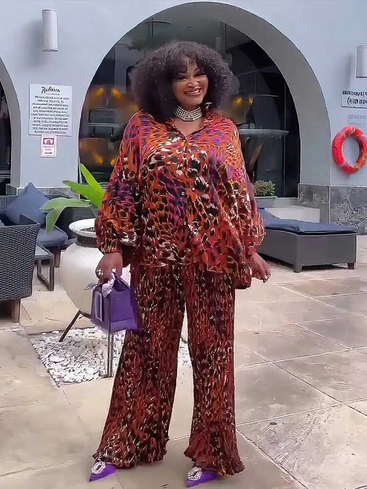 African 2 Piece Sets Women Outfit Loose Casual Long Top Shirt and Pant Set Autumn Plus Size Matching Sets Pleated Trouser Suit Brown One Size