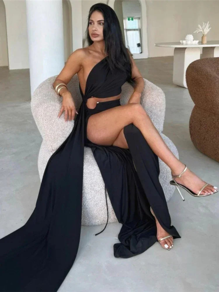 Laxsesu Elegant Luxury Party Evening Maxi Dresses for Women 2023 Hollow Out Split Bodycon Dress Floor Length Summer Sexy Dress Black