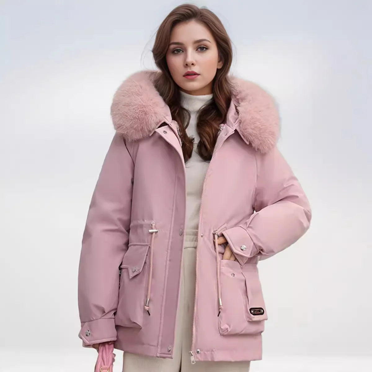 Winter Women's Jacket Fur Collar Thicken Warm Casual Cotton Jacket Female 2 Pocket Drawstring Waist Cinching Parka Jacket