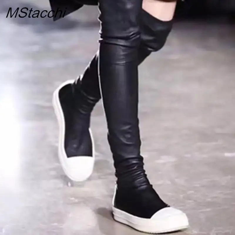 Women Stretch Tight Boots Flat Thick Bottom Shoes Women's Over-the-knee Boots Casual Black Leather Women's Thigh High Boots 2024