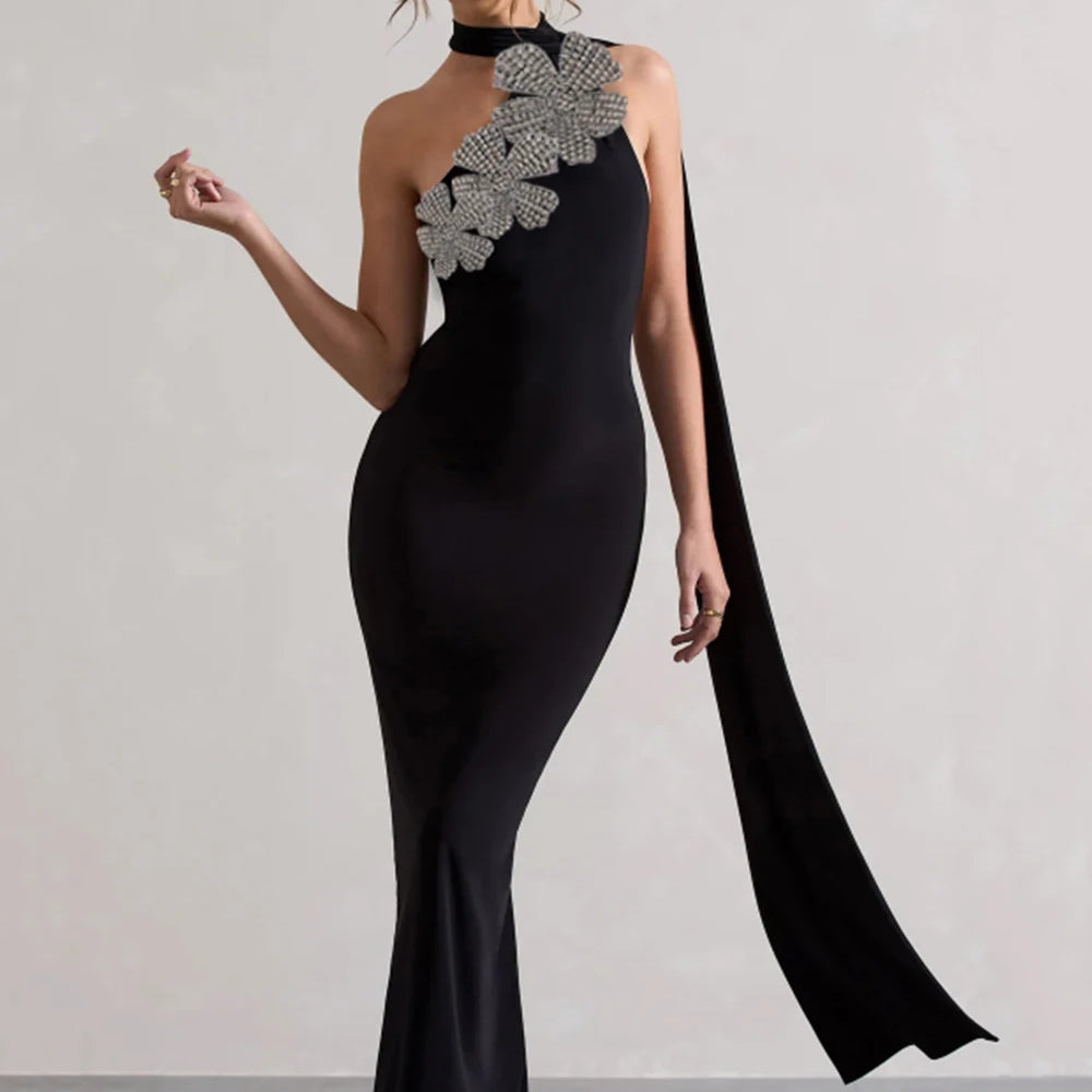 Elegant Solid Diamond Flower Bandage Women Halter Dress Off Shoulder Sleeveless Backless Slim Female Maxi Dresses 2025 Lady Robe