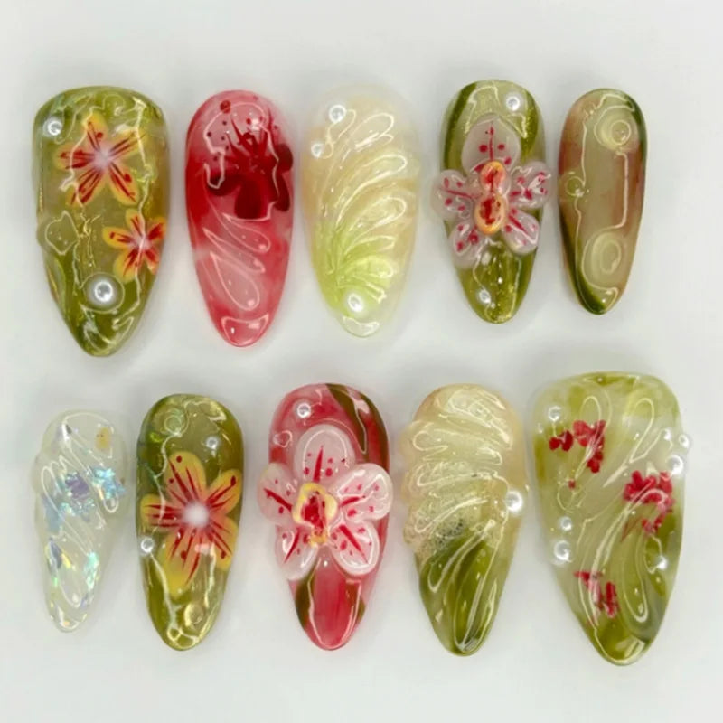 24pcs Sweet Cool Press on Nails with Red Flower Print Y2k False Nails for Girl Wearable Detachable French Almond Fake Nail Tips 6