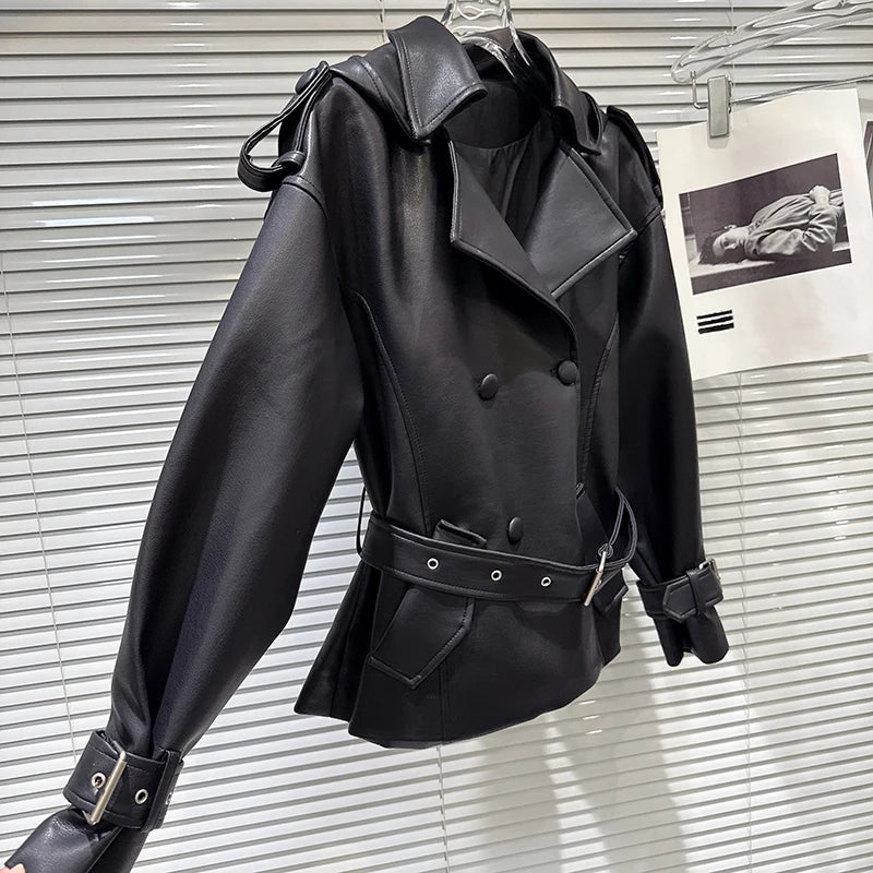 Winter New Fashionable Street Style Double-Breasted Belted Waist PU Leather Hooded Jacket For Women Coat 11A07952