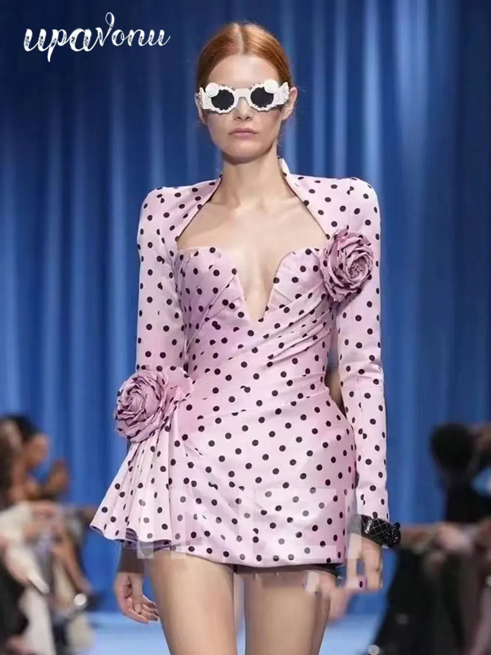 2025 Sexy Women'S Three-Dimensional Flower Patchwork Polka Dot Dress V-Neck Long Sleeved Draped Bodycon Pink Mini Dress Vestidos