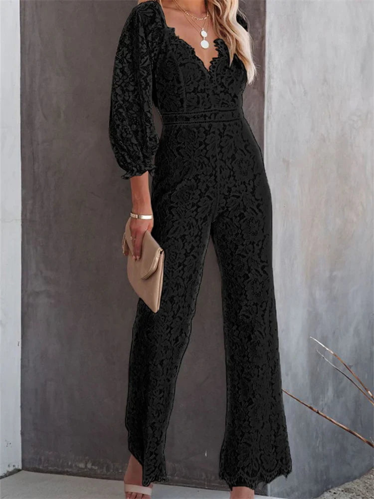 CHRONSTYLE Elegant Women Lace Wide Leg Pants Jumpsuits Solid Color Long Sleeve High Waist V Neck Floral Rompers Streetwear 2023 A
