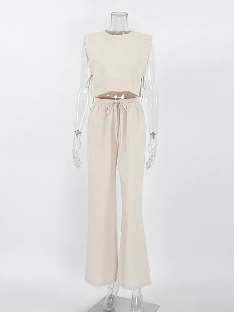 Casual Linen Lace Up Hollow Out Top Pants Sets Women O-neck Sleeveless Crop Tank Drawstring Trouser Suits Female Beach Outfits