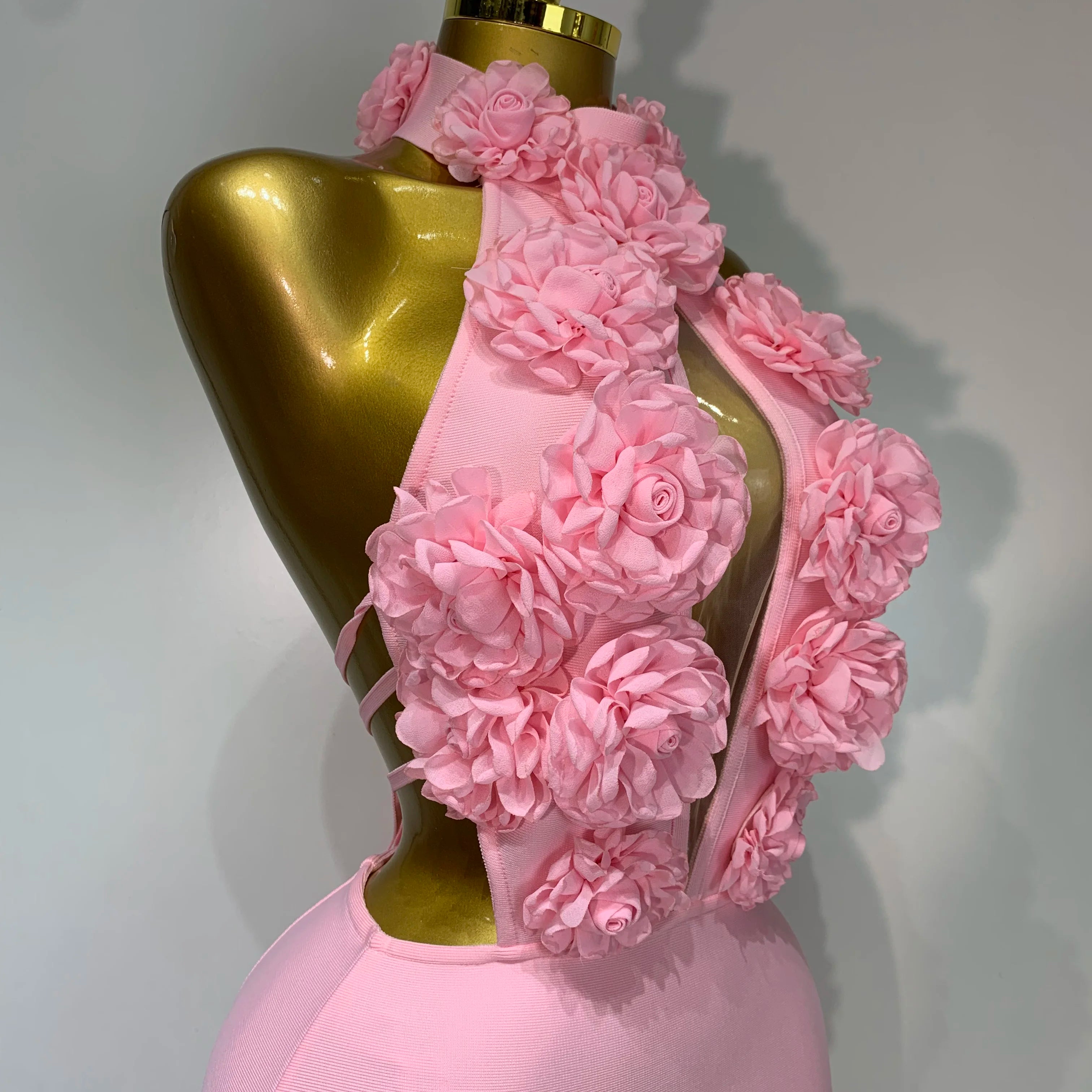 Luxury Birthday Dress Women Celebrity Sexy Halter Backless Flower Long Bandage Bodycon Dress 2025 Elegant Evening Party Outfit 