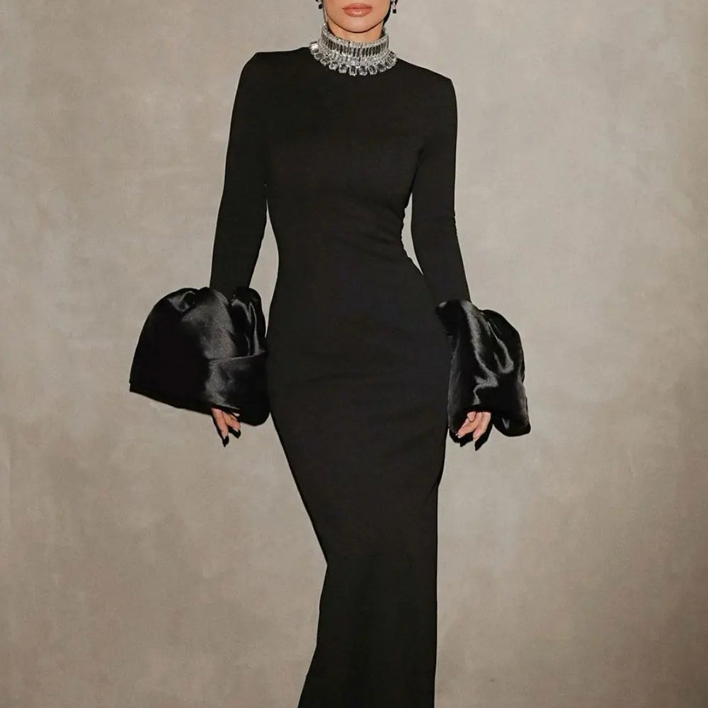 2024 Women's Light Luxury Beaded Elegant Bandage Dress Stand Collar Horn Sleeve Bodycon Long Dresses Evening Club Party Vestidos