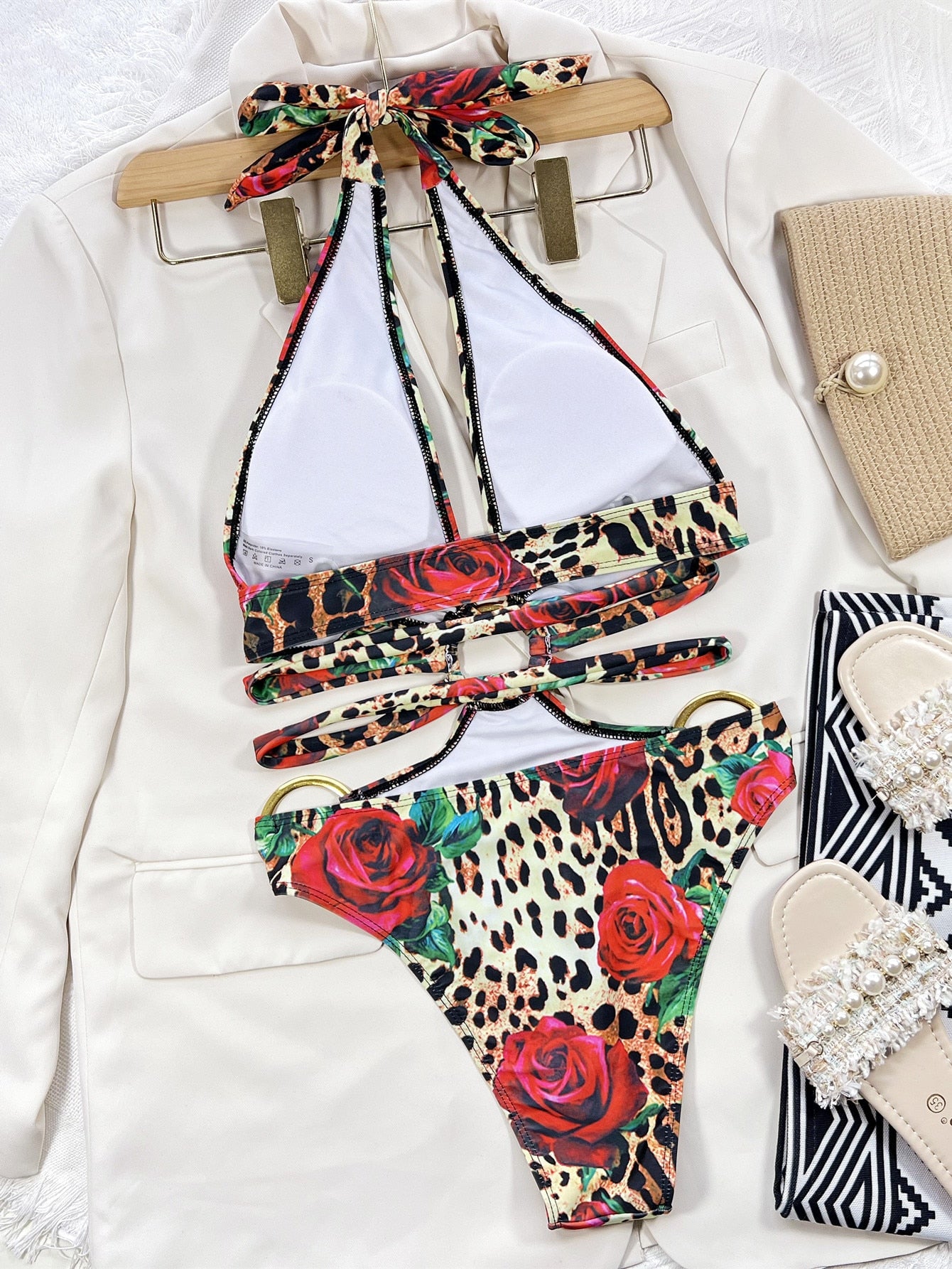 Sexy One Piece Swimsuit Swimwear - Leopard Hollow Deep V-neck Halter Bathing Suit Beachwear Big Metal Ring Bikini