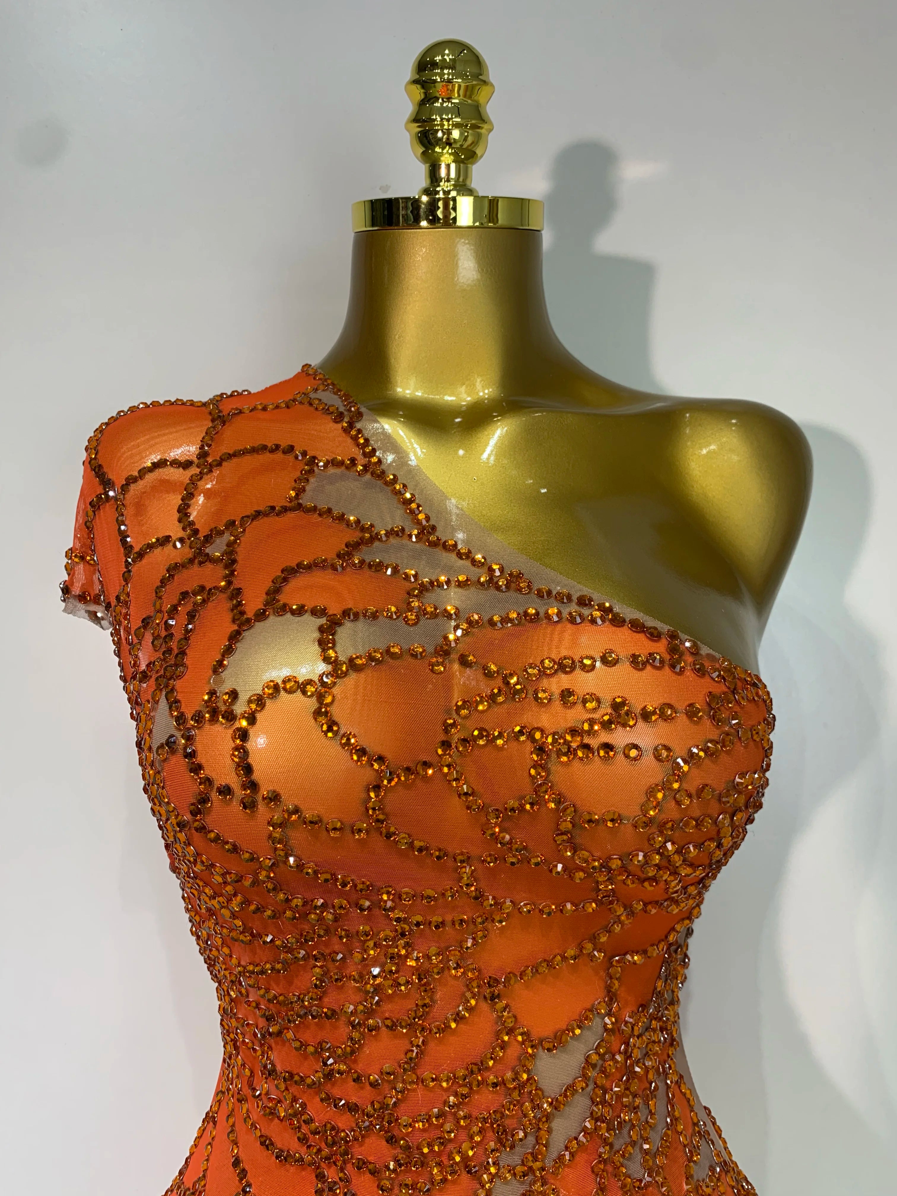 Women Sexy Mesh See Through One Shoulder Rhinestones Stage Costume Singer Nightclub Evening Party Luxury Birthday Mini Dresses