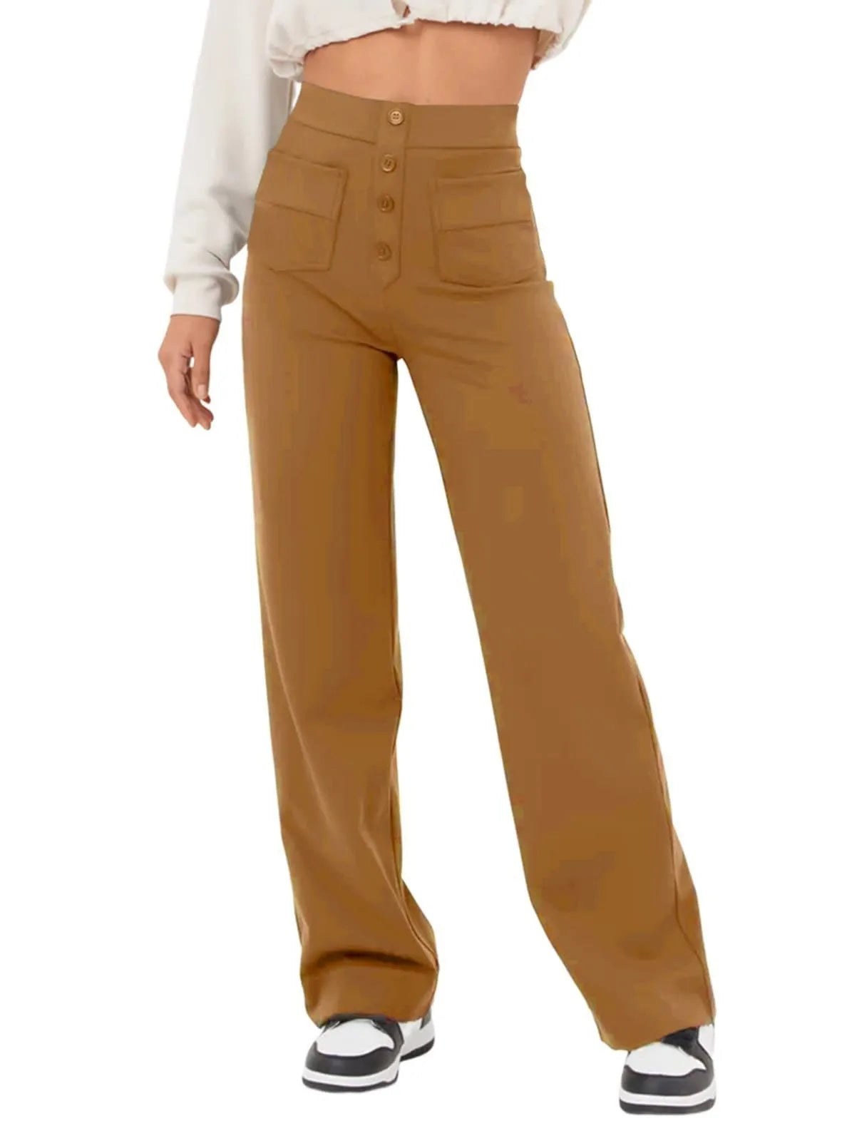 Women's High-waisted Elastic Casual Trousers Fashionable Casual Straight-leg Pants Buttoned Elegant Casual Pants Khaki