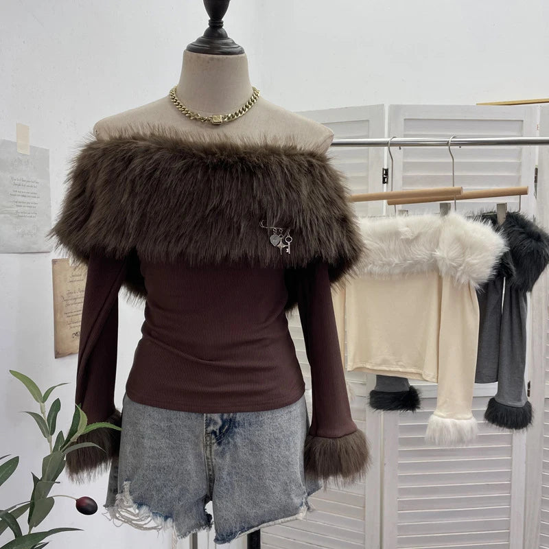 Spring New Fashion Off-Shoulder Furry Patchwork Long Sleeve Base Shirt For Women Slim Fit Decorative T-Shirt 11A07919 Brown One Size
