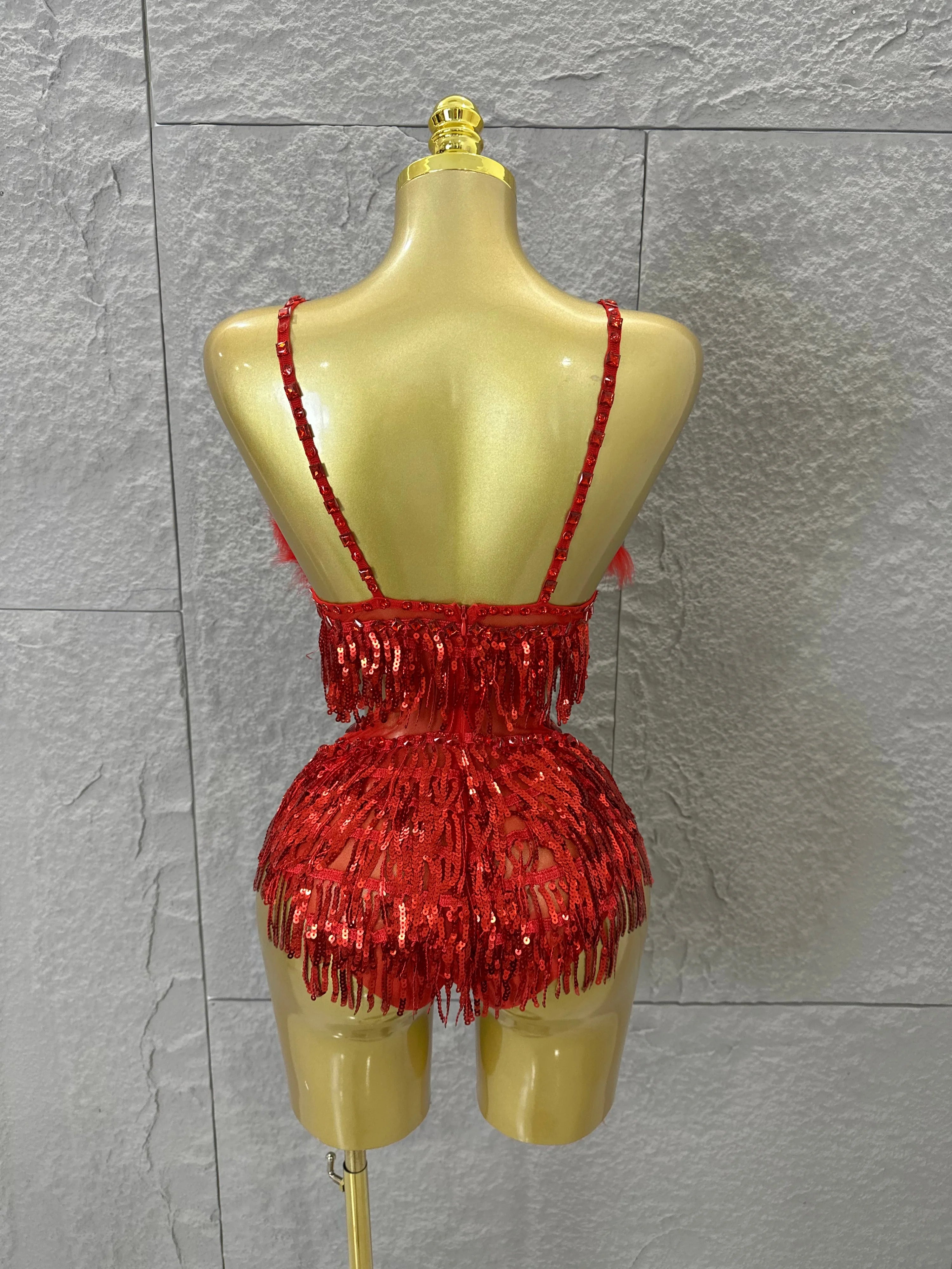 Luxurious Sheer Mesh Bodysuit Women Sexy Crystal Embellished Feather Fringe Trim Spaghetti Strap Outfit Stage Performance Outfit