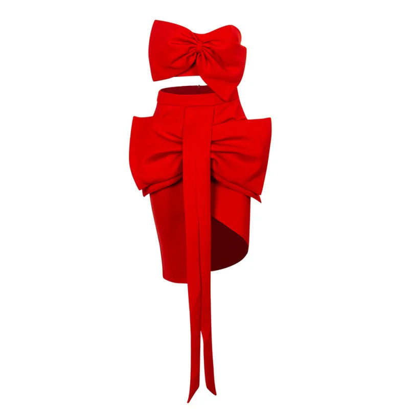 Sweet Bow Expose Wasit Woman Set Short Top And Bodycon Skirt 2 pieces Celebrate Birthday Party Vestido Summer Holiday Outfit Red