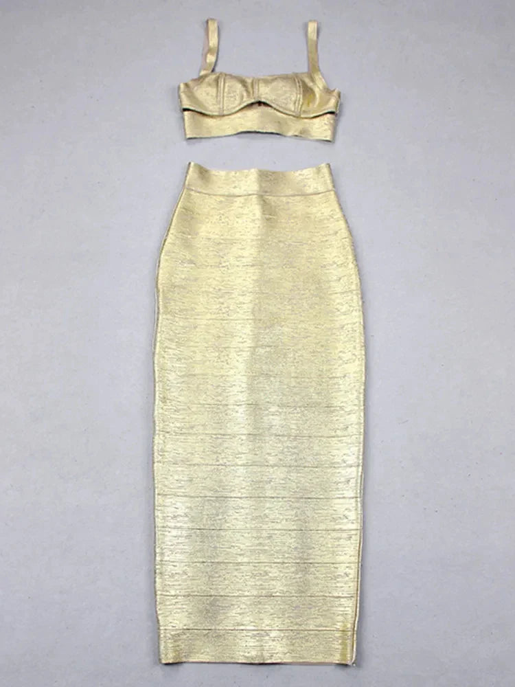 Women Summer Sexy Sleeveless Backless Bronzing Gold Midi Bodycon Skirt Bandage Set Elegant Evening Club Party Outfits