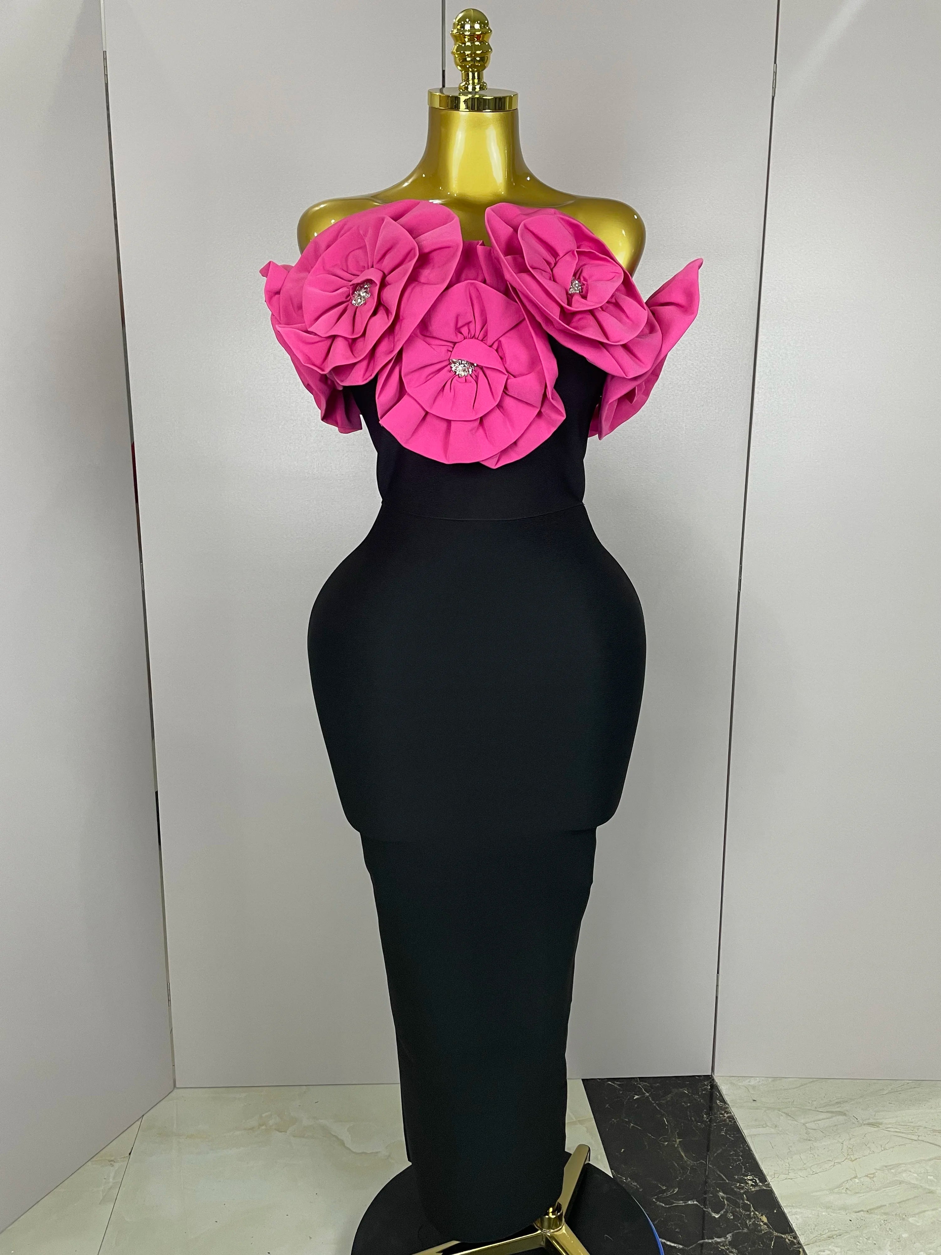 New Stereoscopic Red Flowers Sexy Off The Shoulder Ankle Lenght Bandage Dress Woman Birthday Party Vestido Wedding Party Outfit Rose Red