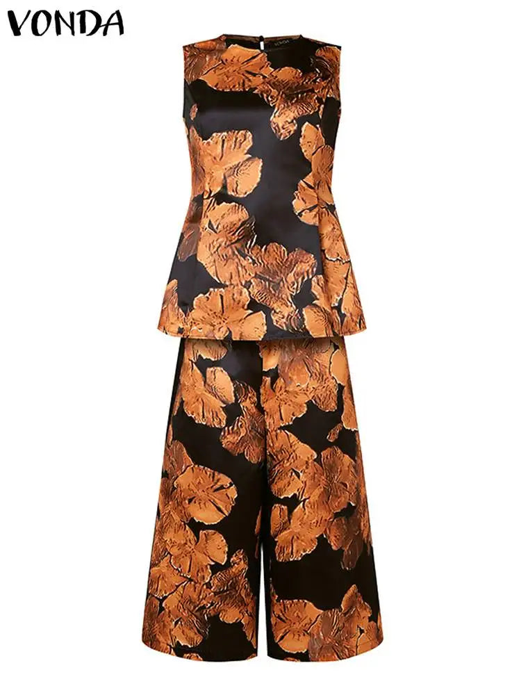 Plus Size 5XL VONDA Summer Pant Sets Women 2pcs Vintage Printed Sleeveless Tops and Elastic Waist Wide Leg Pants Sets Oversized
