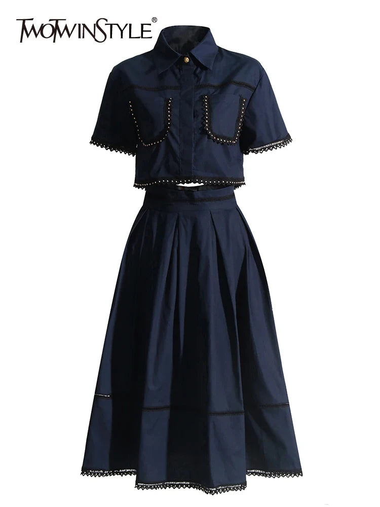 Solid Summer Two Piece Sets For Women Lapel Short Sleeve Tops High Waist A Line Skirt Slim Set Female Fashion New