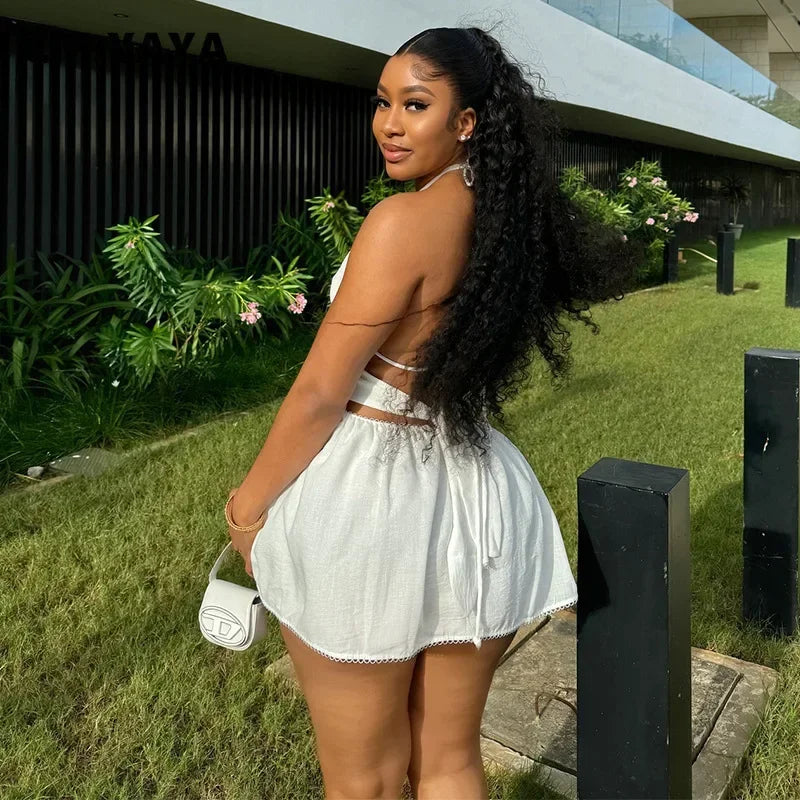 2024 Women Halter Strap Sleeveless Mini A-Line Dress Sexy Beading Backless Streetwear Evening Night Club Party Dresses