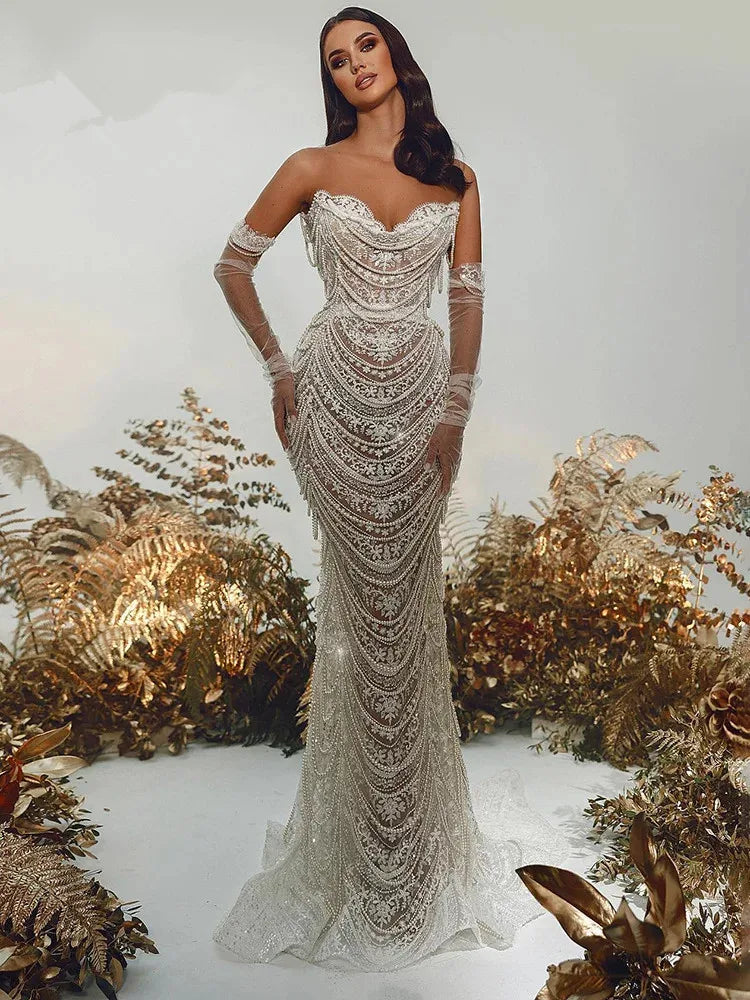 Women Luxury Sexy Strapless Backless Pearl Sequins Maxi Long Gowns Dress 2024 Elegant Evening Party Club Dress Vestido Silver