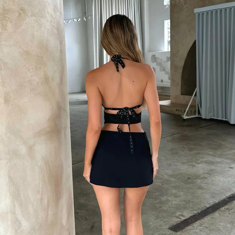 Gtpdpllt Studded Lace Deep V Backless Mini Dresses Night Club Outfits Sexy Black Women‘s Dress Summer Y2K Clothes Outfits
