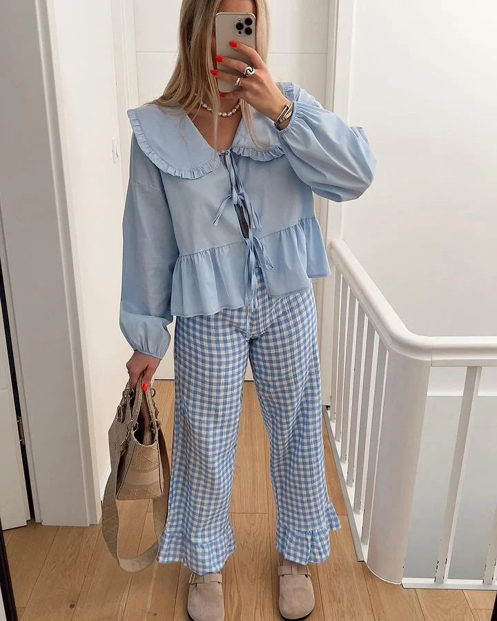 Chic Lace Up Pleated Women Shirts Blouses Lantern Sleeve White Female Streetwear Loose Spring Summer Lapel Elegant Lady Top blue