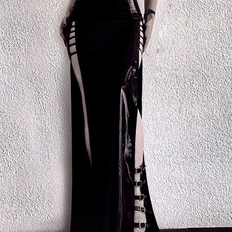 Lautaro Spring Soft Shiny Reflective Black Faux Leather Maxi Skirt Women with Double High Slit Dark Academia Y2K Clothes 2025 Black