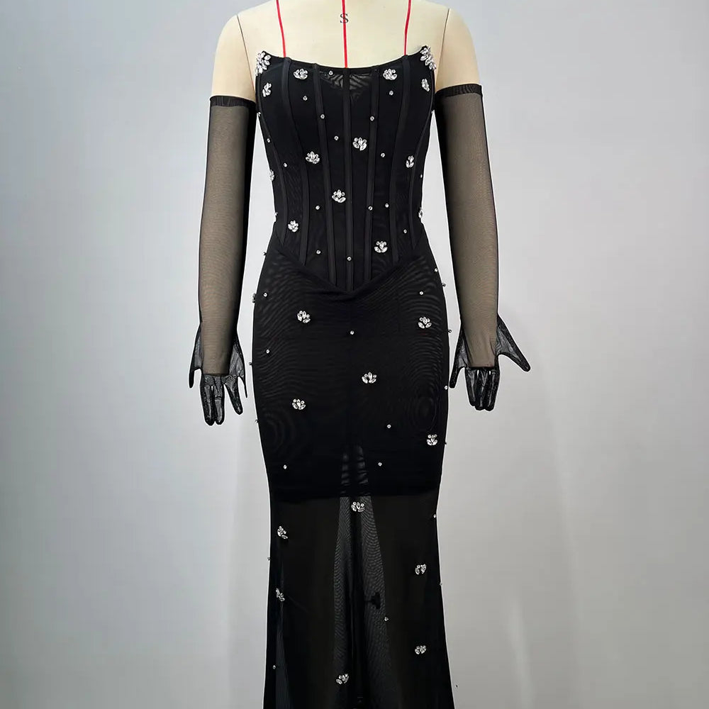2025 Women'S Light Luxury Nail Bead Chiffon Dress Strapless Sleeveless Glove Design Bodycon Backless Black Long Dresses Vestidos black