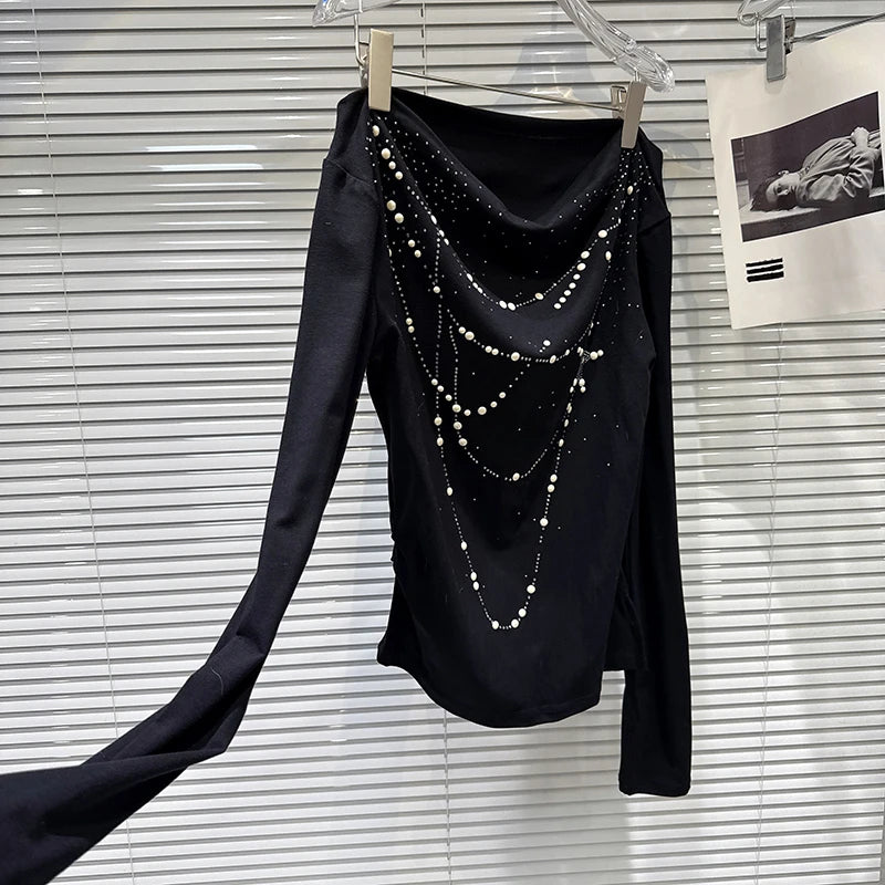 Winter New Sweet Fashion Pearl Rhinestone Hot Rhinestone Chain Pattern T-Shirt For Women Off-shoulder Tops 11A07486