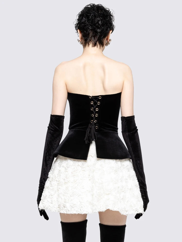 Vintage Glam Party Three-Pieces Strapless Mini Dress Outfit Black Velvet Bustier & White Floral Skirt