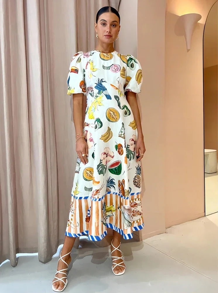 Holiday Beach Style Fruit Maxi Dresses NEW Summer Trendy and Unique Graffiti Print Bodycon Versatile Dress for Women