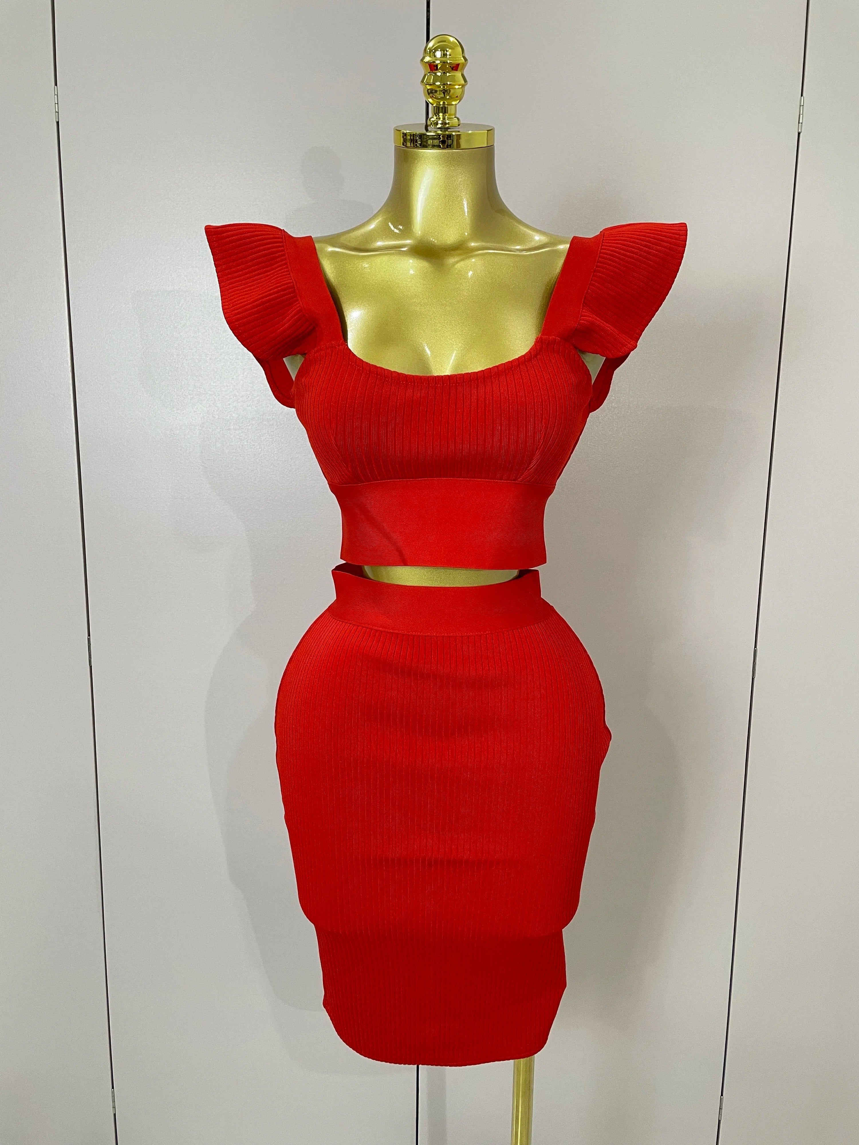 Women 2025 New Sexy Backless Ruffles Red Bandage Two Pices Set 2025 Celebrity Evening Elegance Birthday Party Dress Red