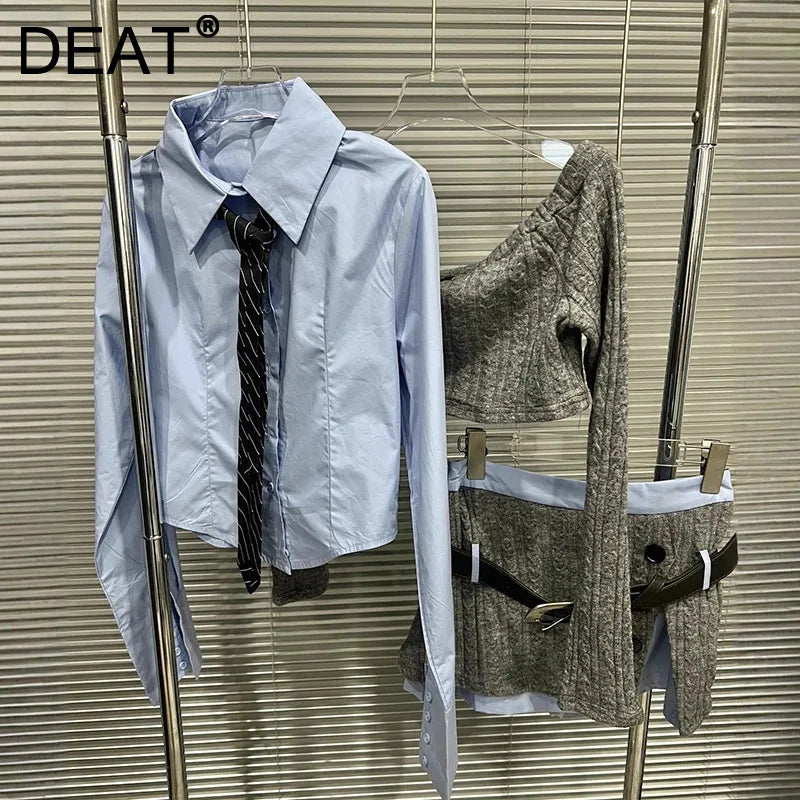 Autumn Winter New Knit Sweater Blue With Tie Shirt Spliced Fake Two-Piece Top Skirt Women's Three Pieces Set 11A07568
