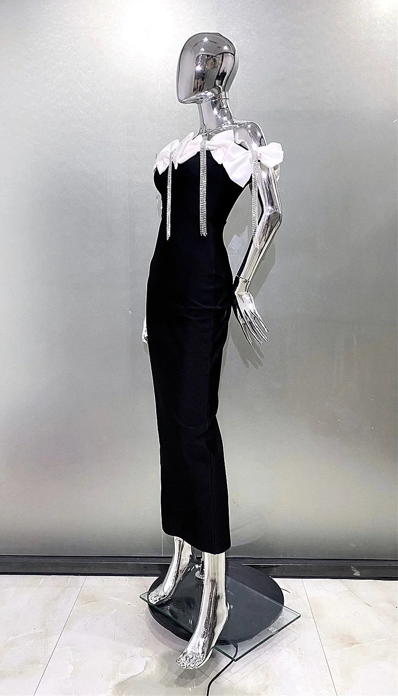 Sparkling Diamonds Tassel White Bows Sexy Off The Shoulder Ankle Lenght Bandage Dress Woman Birthday Party Vestido