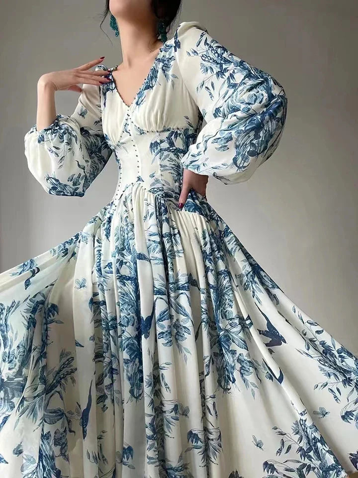Fashion Designer Floral Beading High Waist A Line Party Women Vintage Elegant Lantern Sleeve Chic Casual Beach Holiday Dresses