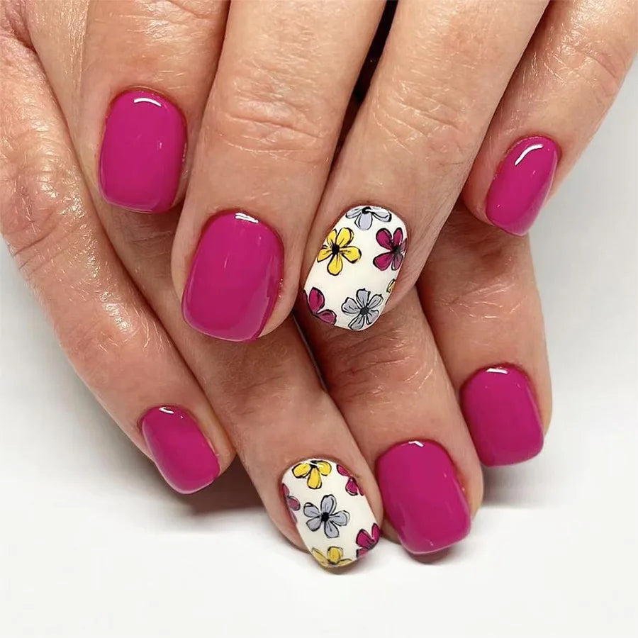 24Pcs Simple Press on Nails with Cute Flower Design Wearable Short Square Head False Nails Multi-color Full Cover Fake Nail Tips 6