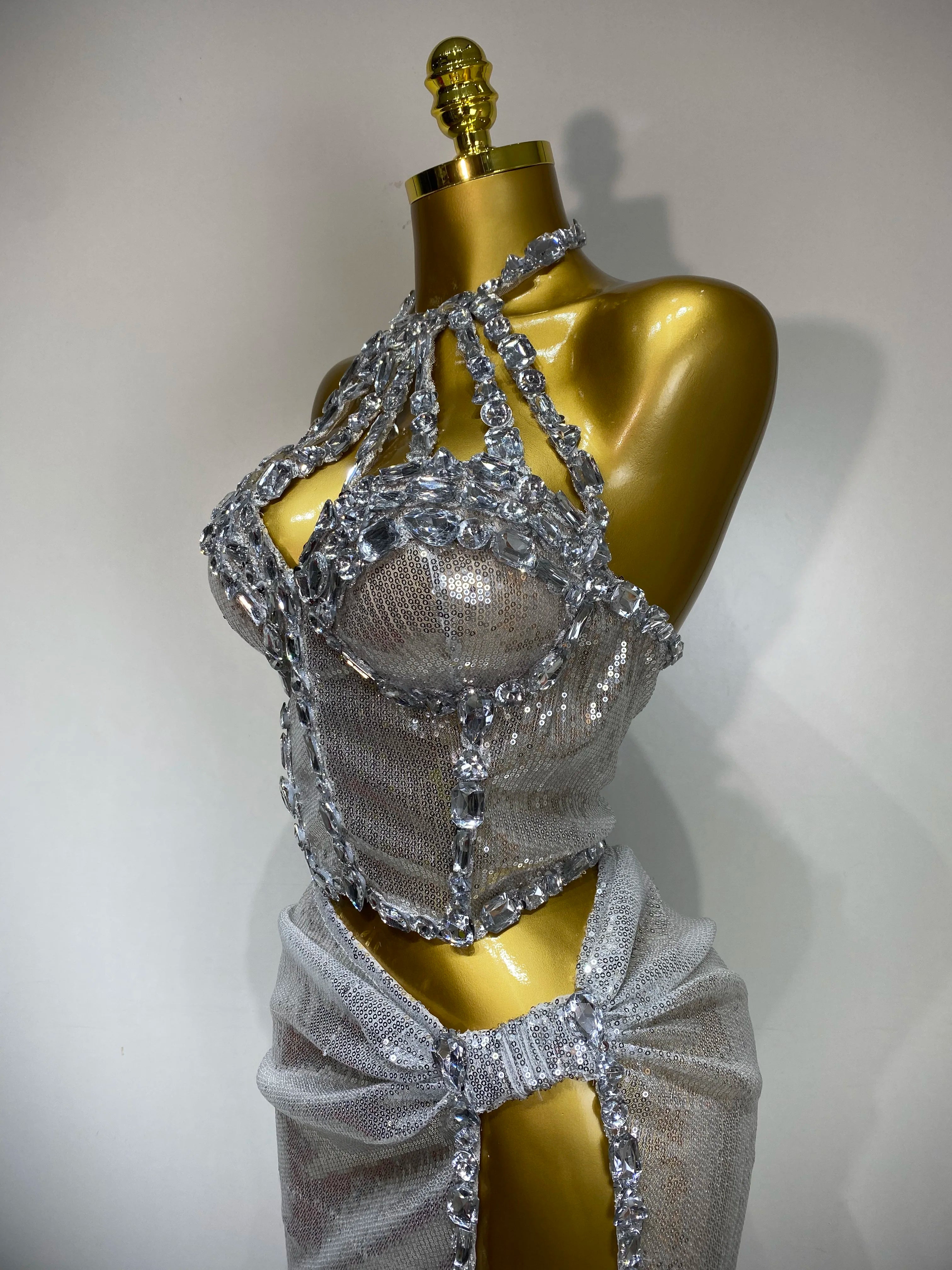 Women Sparkly 2025 Silver Rhinestones Top Long Skirt Two Pieces Set Singer Dancer Performance Costume Nightclub Stage Wear