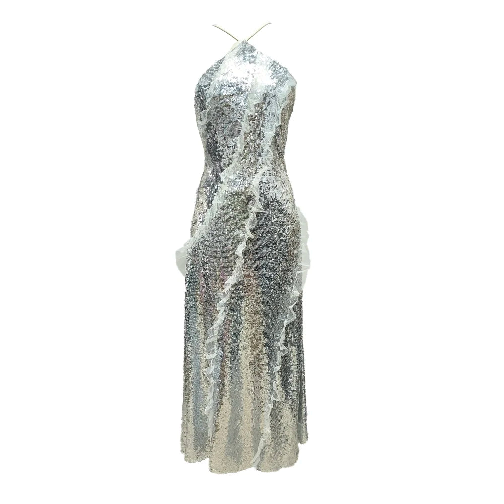 Starry Silver Sequin Strappy Backless Sleeveless with Ruffle Mesh Details Dressfor Party Glamour Gown Silver