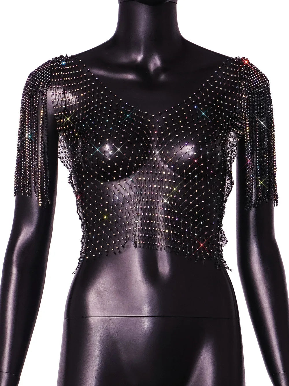 Women's Sexy V-neck Rhinestone Short Crop Top Blink Crystal Tassel Fringe Shoulder Decor Diamond Fishnet Shirt BlackAB