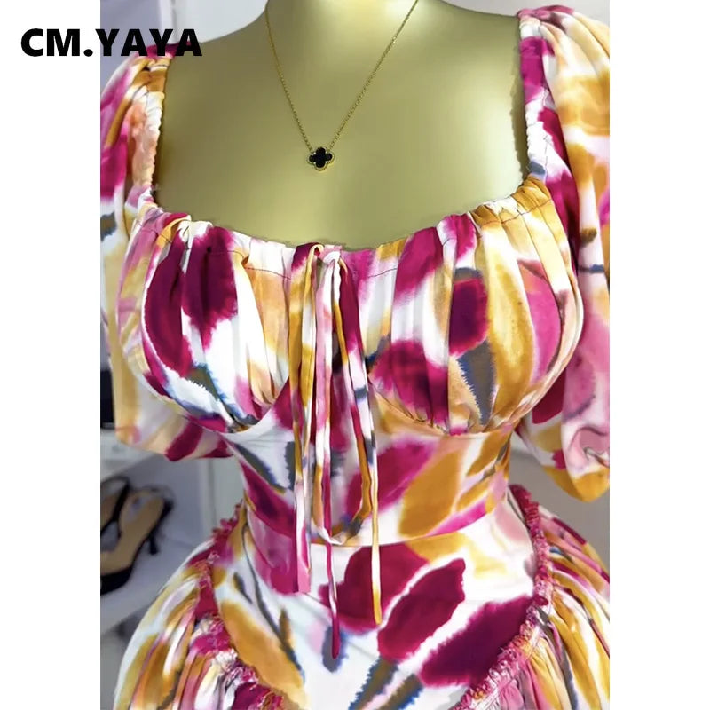 Women Tulip Foral Printed Lantern Short Sleeve Big Swing High Waist Dress 2025 Chic Birthday Party Vestidos Sexy Dresses