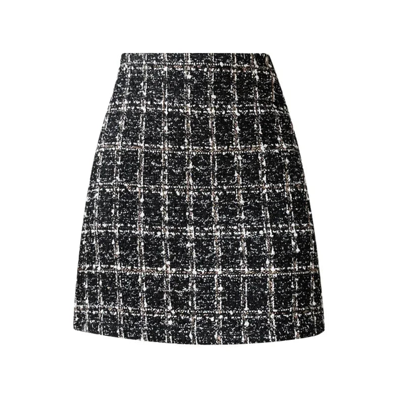 2023 Autumn/winter New High-waisted A- line Tweed Plaid Bodycon Skirt For Women Petite Woolen Mini Dress