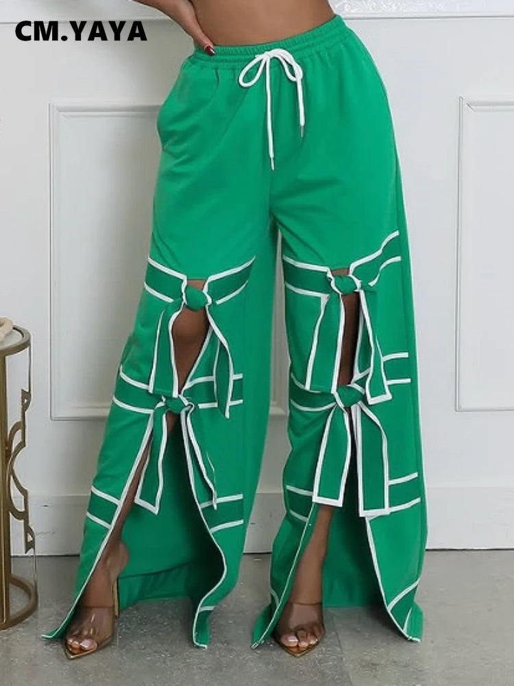 CM.YAYA Fashion Women Striped Patchwork Bowknot Split Wide Leg Jogger Pants 2025 Summer Active Sporty Classic Trousers