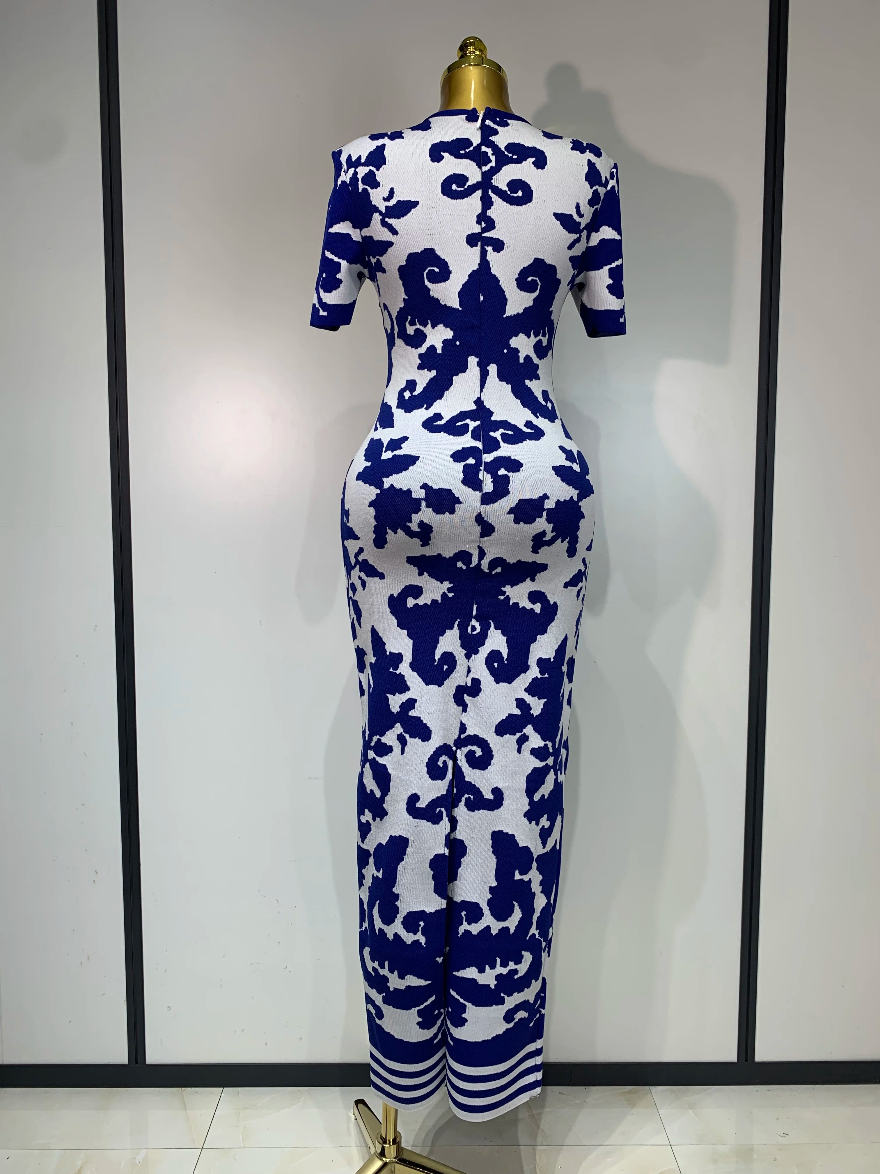 Women Sexy Short Sleeve Jacquard Blue Maxi Long Bodycon Bandage Dress 2025 Celebrity Elegant Evening Club Party Luxury Dresses