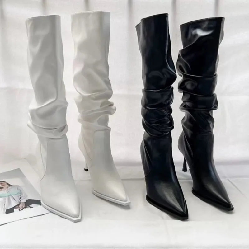 Pointed Pleated High Barrel Boots for Women in Autumn Thin Heel Stacked Boots High Heel Below Knee Long Barrel Boots