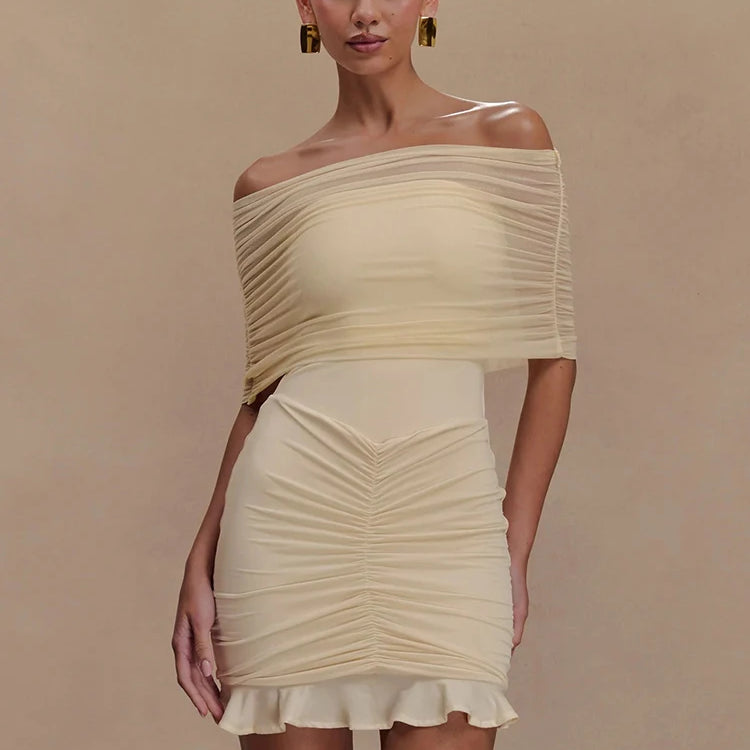 Mesh Strapless Off-shoulder Sexy Ruffled Mini Dress For Women Fashion Backless High Waist Female Ruched Party Dress Yellow