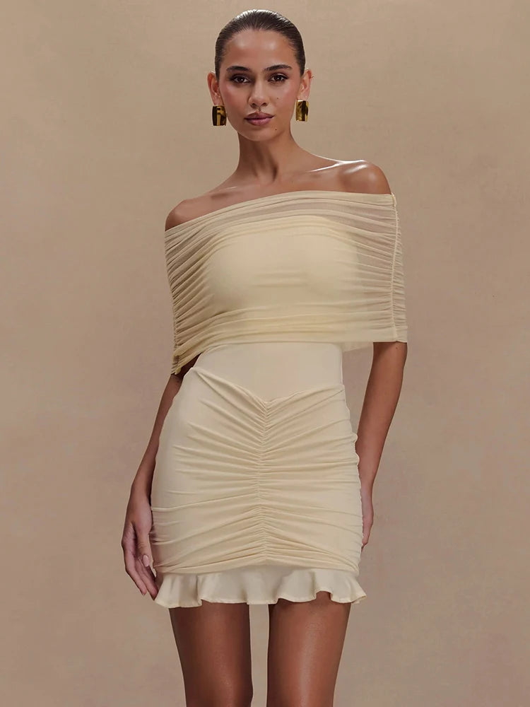 Mesh Strapless Off-shoulder Sexy Ruffled Mini Dress For Women Fashion Backless High Waist Female Ruched Party Dress Yellow