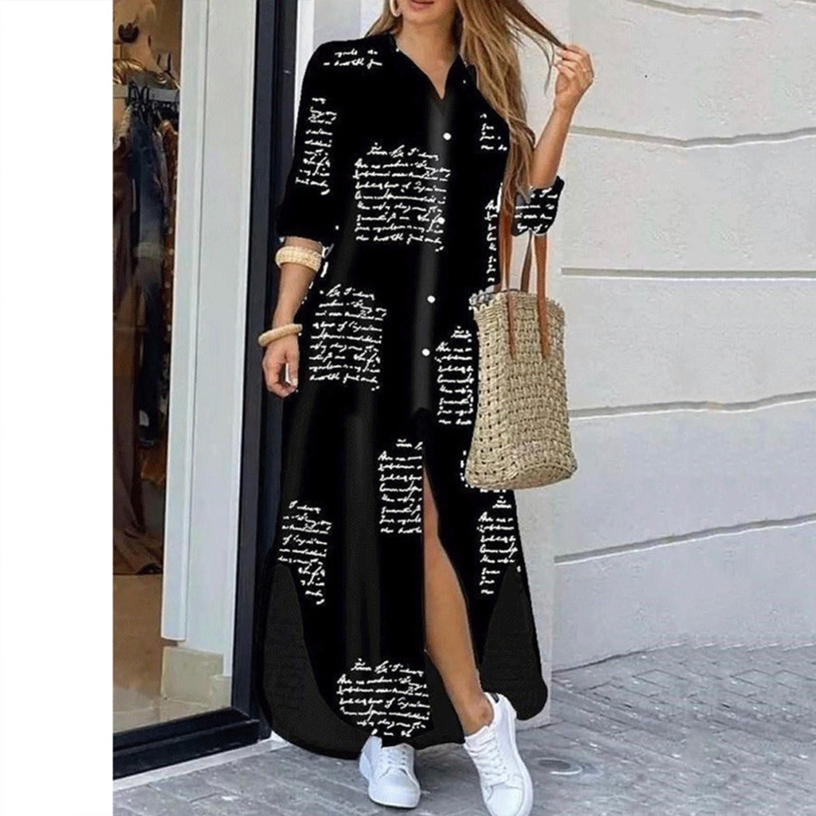 Summer Fashion Elegant Shirt Dress Women - Print Long Sleeve Button Ladies Office Holiday Casual Clothing Female Maxi Dress Beige