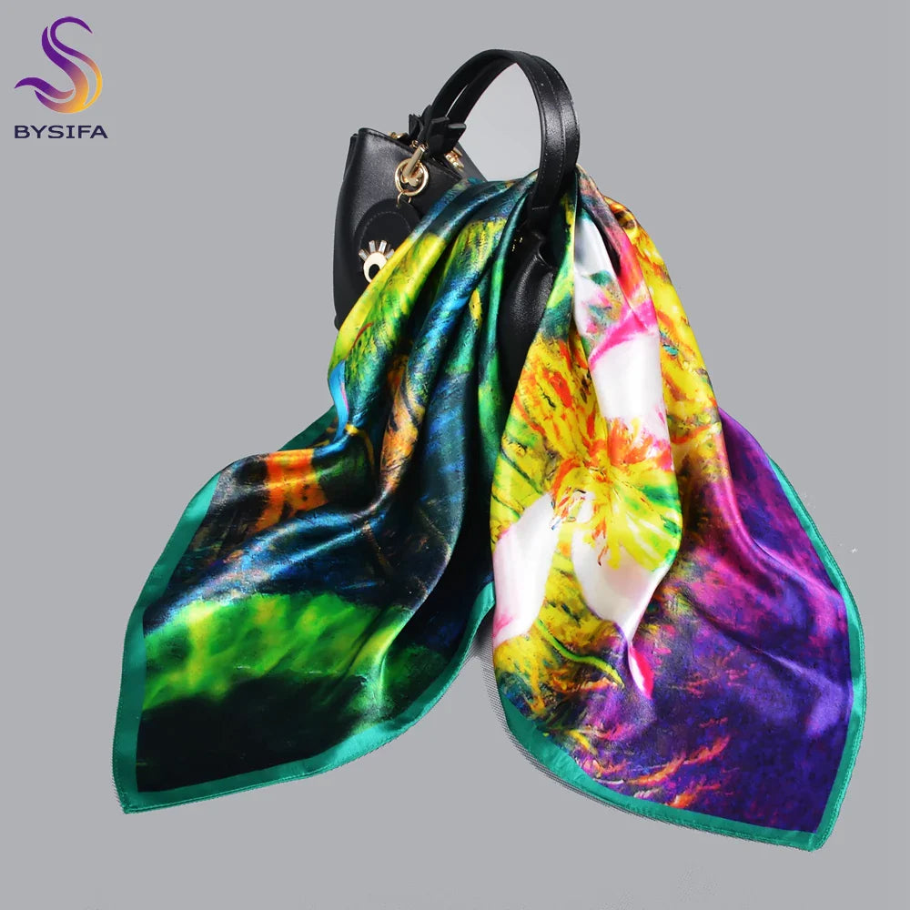 BYSIFA| New Grey Blue Silk Scarf Fashion Floral Design 70cm Square Scarves Fall Winter Neck Scarf Hijab Sweet Headband 65*65cm purple green